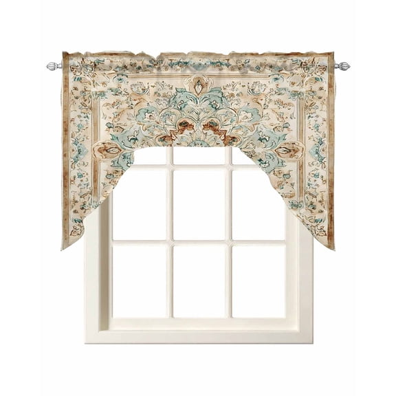 Vintage Flowers Pattern Swag Valance and Tier Curtains Set Ethnic Classical Bohemian Style Kitchen Curtains 3 Piece Set Rod Pocket Panels for Bedroom Cafe 56x36 inch