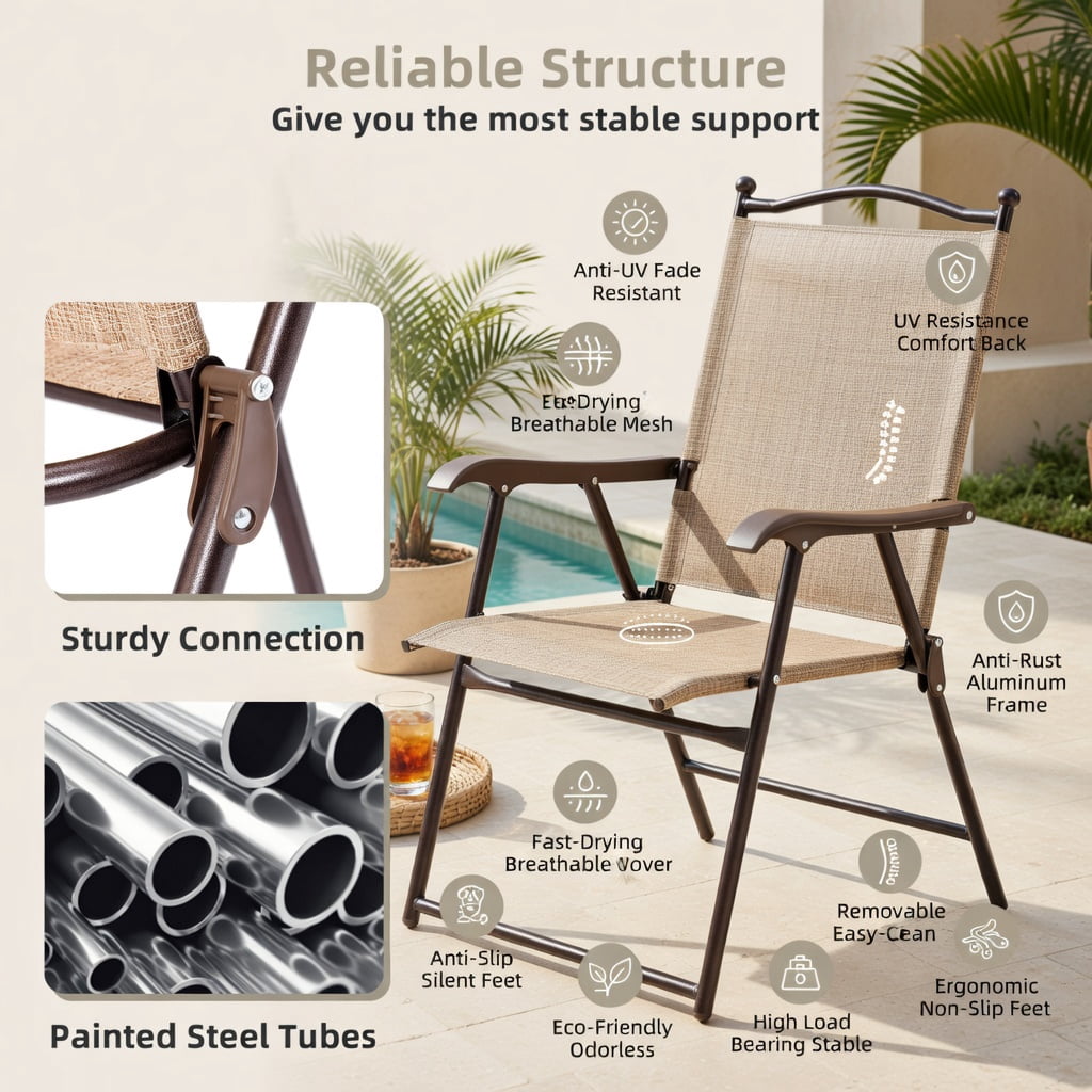 Hommoo 2-Pack Foldable Patio Lounge Chairs, Outdoor Sling Back Deck & Camping Chairs, Steel Frame, UV-Resistant Textile Fabric, Compact Storage Design, Beige