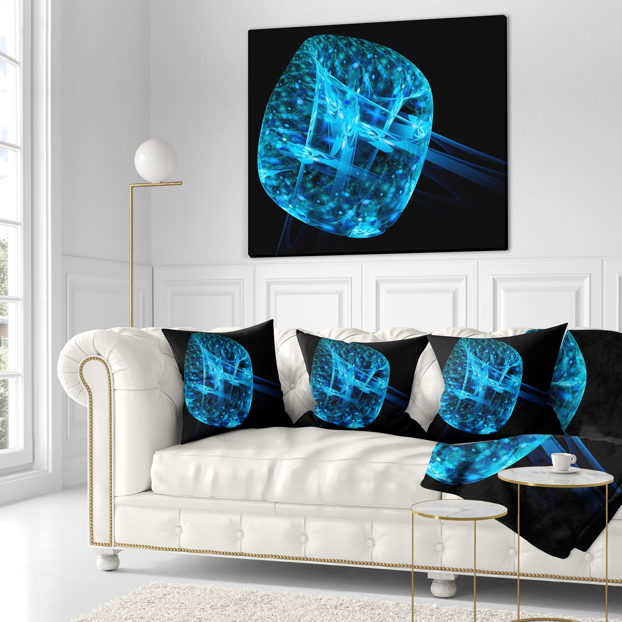 Designart Blue Fractal Cube in Dark - Abstract Throw Pillow - 16x16