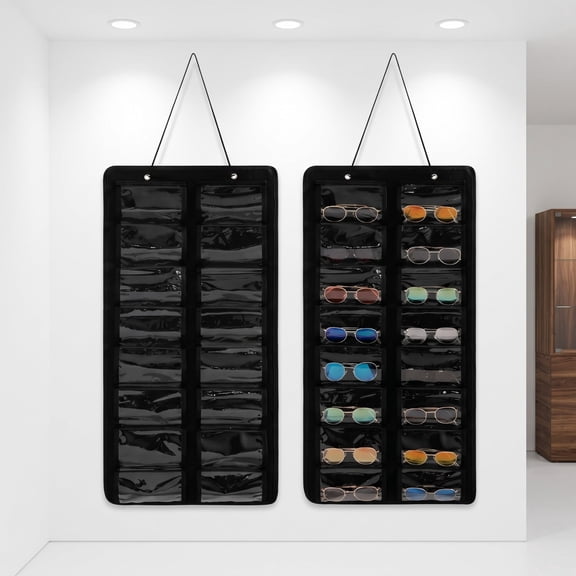 2-piece hanging sunglasses storage set, with a total of 32 felt slot dust-proof wall mounted glasses storage racks, equipped with metal hooks and sturdy ropes, and a black glasses display bag
