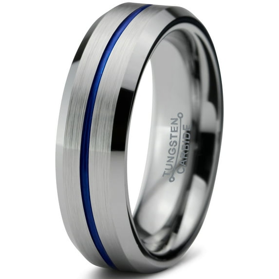 P. Manoukian Tungsten Wedding Band Ring 6mm for Men Women Blue Grey Beveled Edge Brushed Lifetime Guarantee Size 5.5