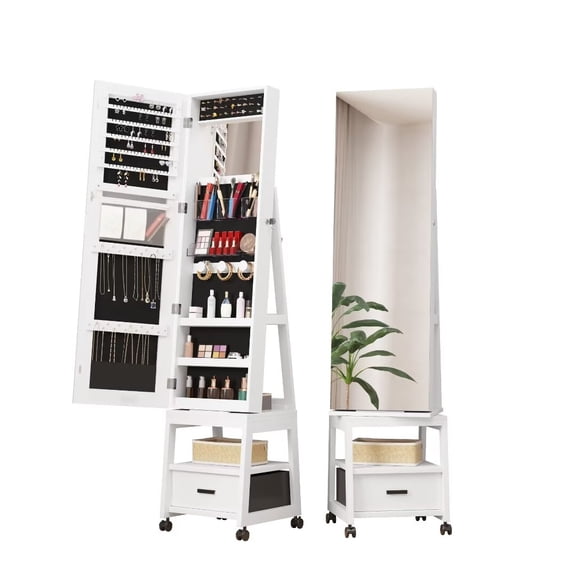 360° Swivel Jewelry Armoire, Floor Standing Locking with Full Length Mirror, Bottom Drawer, Shelf and White Cabinet