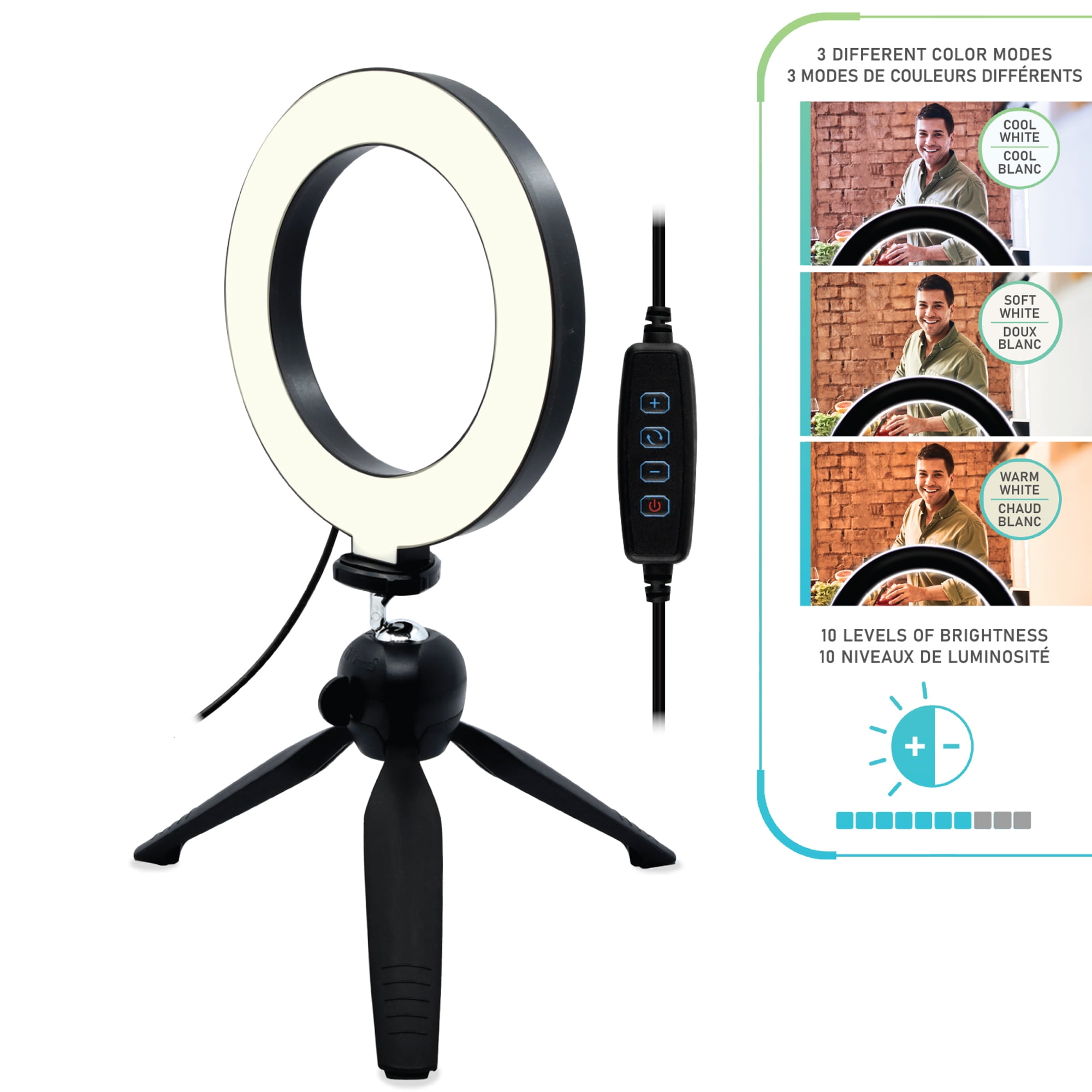 Xtreme LED 6-inch Ring Light, Ball-Joint Gooseneck and Tripod, 10 Brightness Levels, Multi-White Color Modes, 6ft USB Cable and Power Adapter