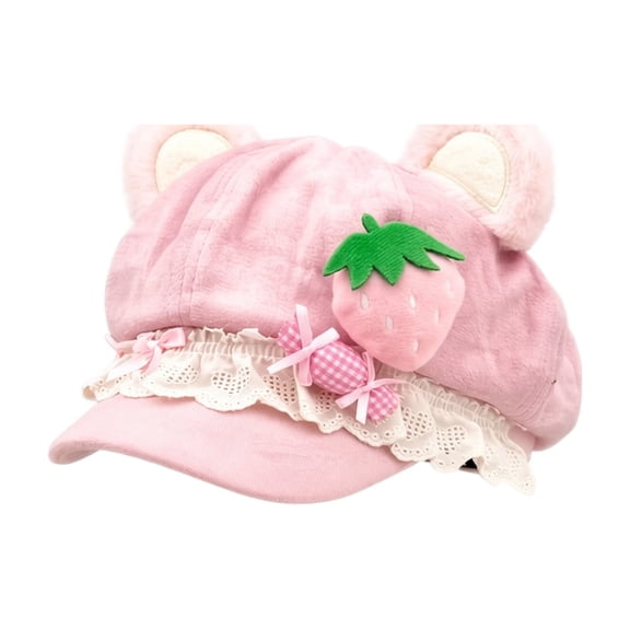 Y2K Cutecore Kawaii Beret Hat Women Strawberry Cake Cat Ears Cap Sweet Suede Newsboy 2000s Clothes Accessories,One Size