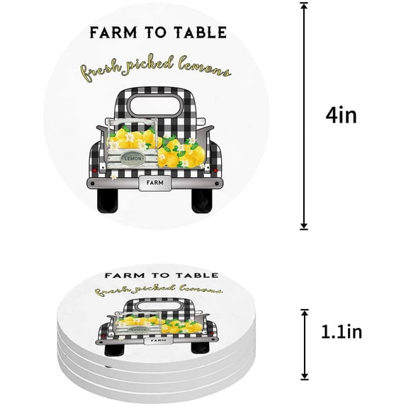 KXMDXA Country Style Truck and Lemon White Set of 6 Round Coaster for Drinks, Absorbent Ceramic Stone Coasters Cup Mat with Cork Base for Home Kitchen Room Coffee Table Bar Decor