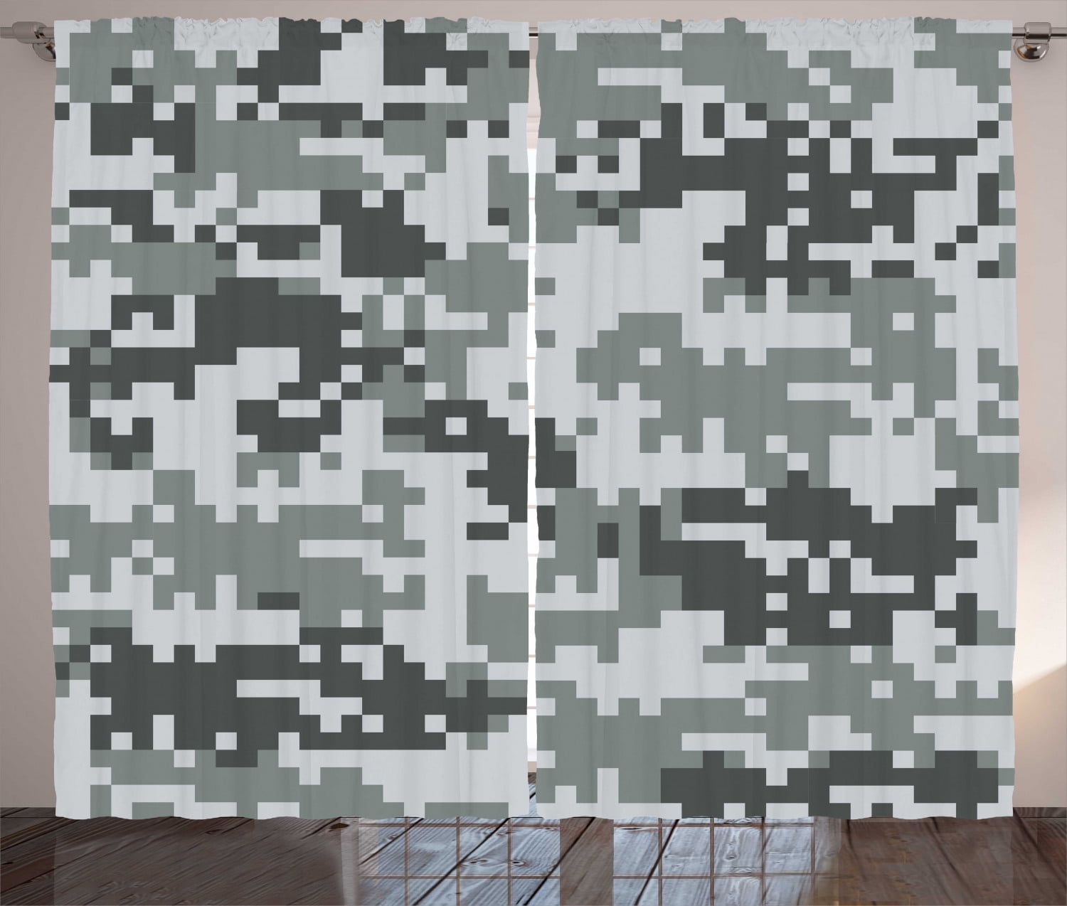 Camo Curtains 2 Panels Set, Digital Pixel Effect Modern Design