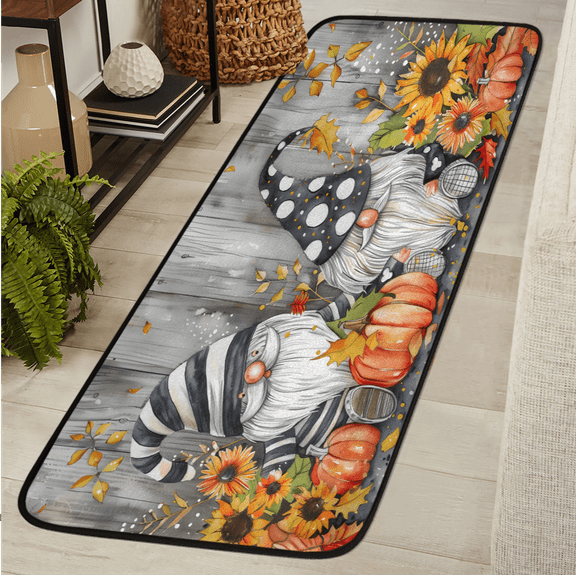 CURLYOOT Autumn Pumpkin Black and White Gnome Runner Rug 2'x6' Washable Kitchen Runner Rug Indoor Non Slip Laundry Rugs Floor Carpet for Hallway Kitchen Entryway Bedroom Living Room