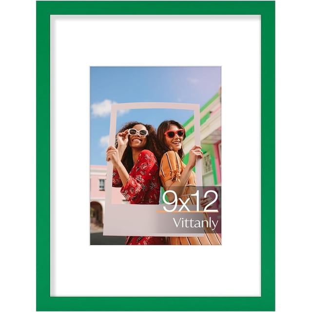 Vittanly 9x12 Picture Frame, Display Pictures 6x8 with Mat or 9x12 without Mat, Premium Material with Shatter Resistant Plexiglass, Photo Frame for Wall or Table Top Display, Green, 1 Pack