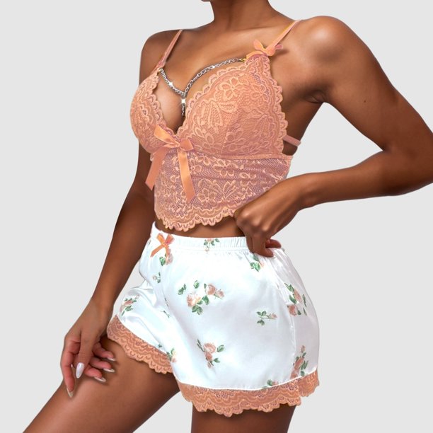 MKLEKYY Conjunto De Pantalones Cortos De Mezclilla Para Mujer, Sexy, Con Tirantes De Encaje Y Sujetador De Cadena