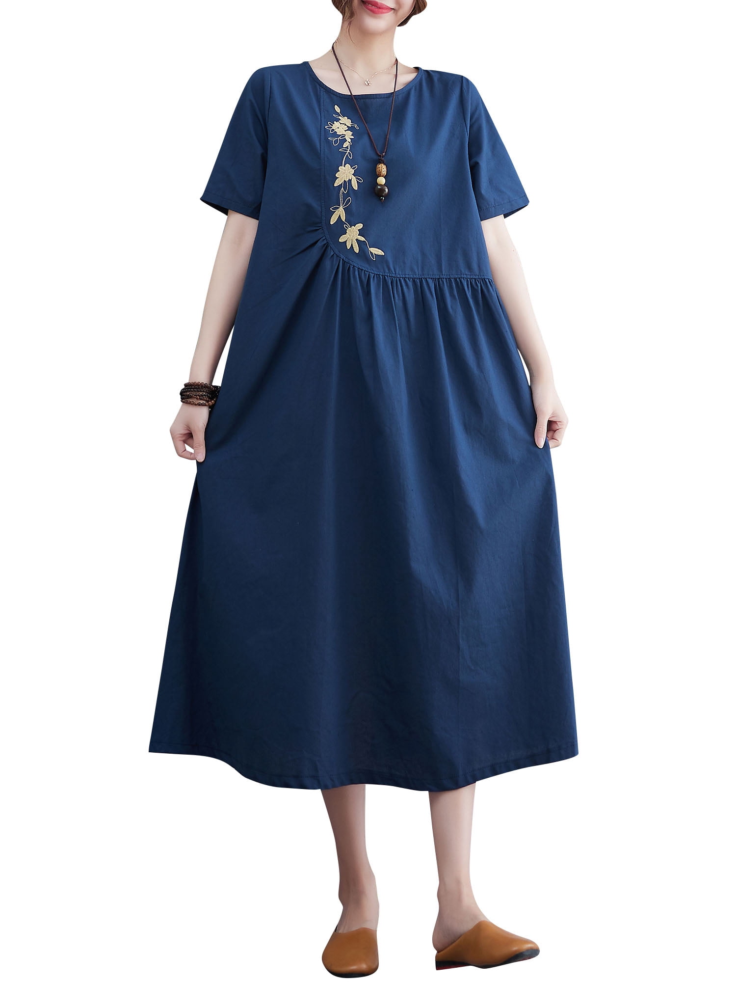 Romacci Women Summer Short Sleeves Dress Casual Loose Vintage Holiday Dress, Women's, Size: Medium, Blue