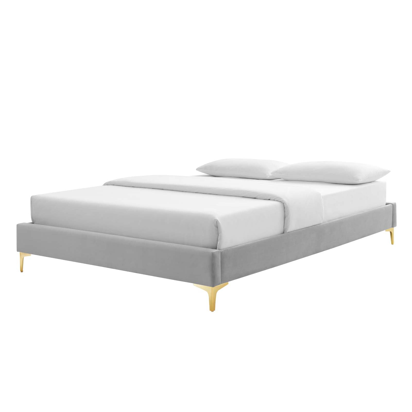 Platform Bed Frame, Queen Size, Velvet, Light Grey Gray, Modern Contemporary Urban Design