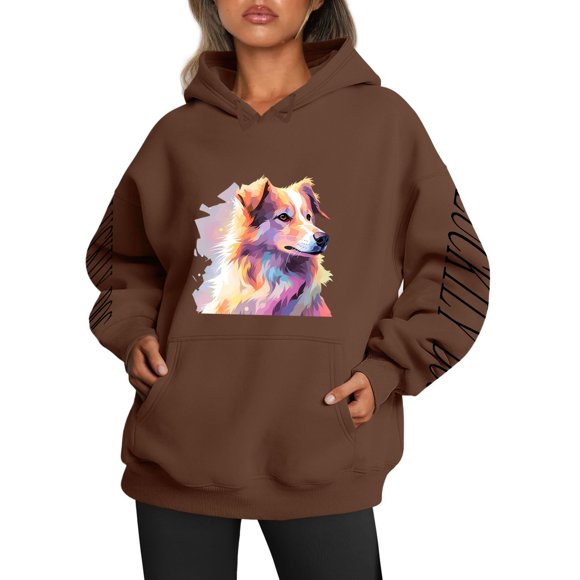 WEAIXIMIUNG Navy Blue Sweatshirt Ladies' Cat and Dog Print Casual Tying Hoodie for Relaxation