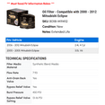 thumbnail image 2 of Oil Filter - Compatible with 2000 - 2012 Mitsubishi Eclipse 2001 2002 2003 2004 2005 2006 2007 2008 2009 2010 2011, 2 of 2