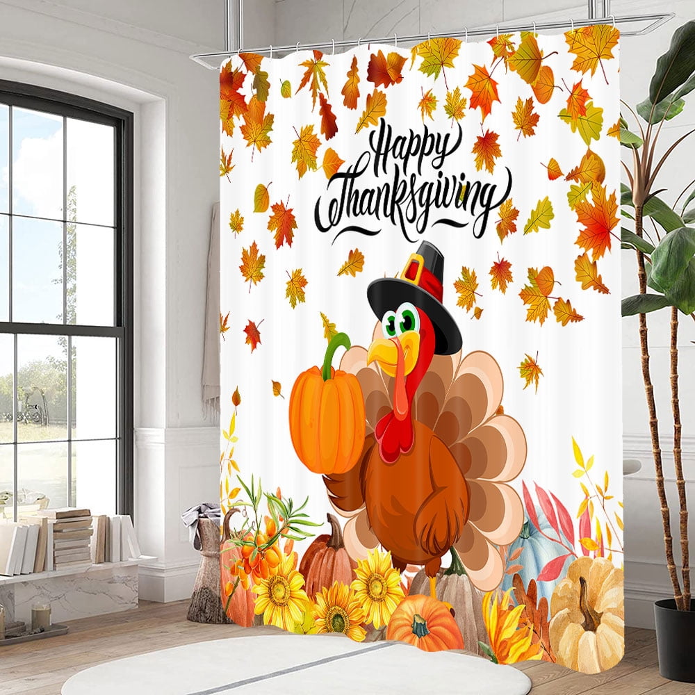 Fall Shower Curtain, Thanksgiving Shower Curtain, Fall Pumpkins Maple Shower Curtain Set, Autumn Sunflower and Turkey Shower Curtain for Bathroom, Holiday Bathtub Decorations with Hooks,70X70in