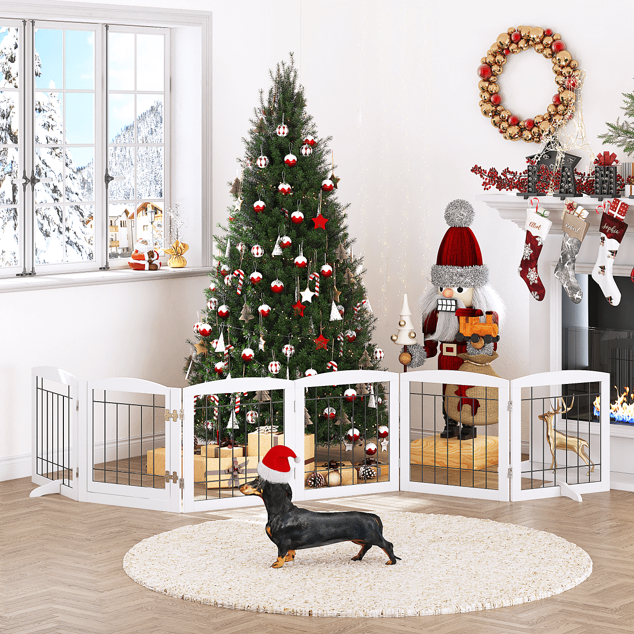 STAROUS Extra Wide Wooden Dog Gate with Convenient Walk-Through Door: Secure Pet Barrier for Home - Suitable for Doorways, Stairs, and Openings, 110" Wide, 6 Panels (White)
