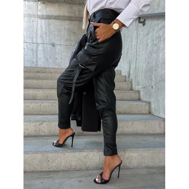Pantalones de moda personalizados con cremallera de piel, pantalones ajustados de cintura alta, pantalones de mujer