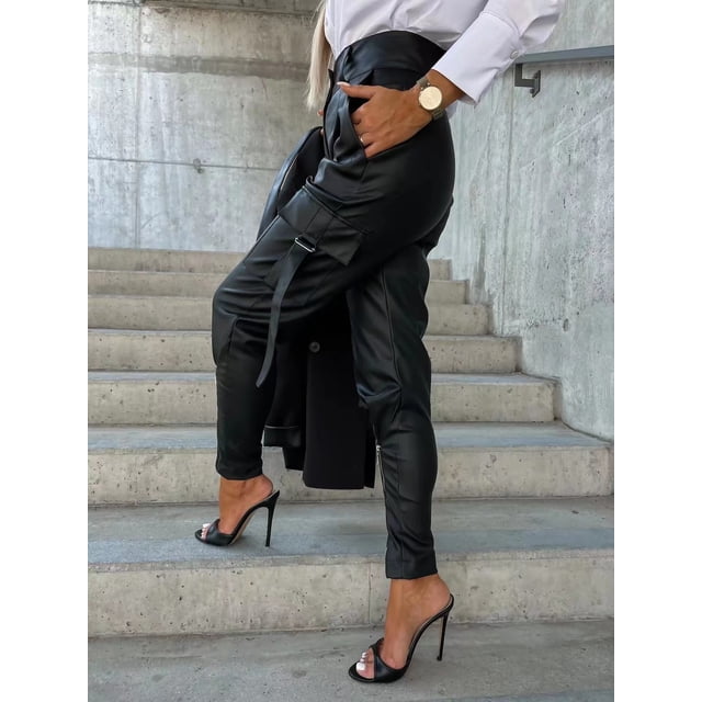 Pantalones de moda personalizados con cremallera de piel, pantalones ajustados de cintura alta, pantalones de mujer