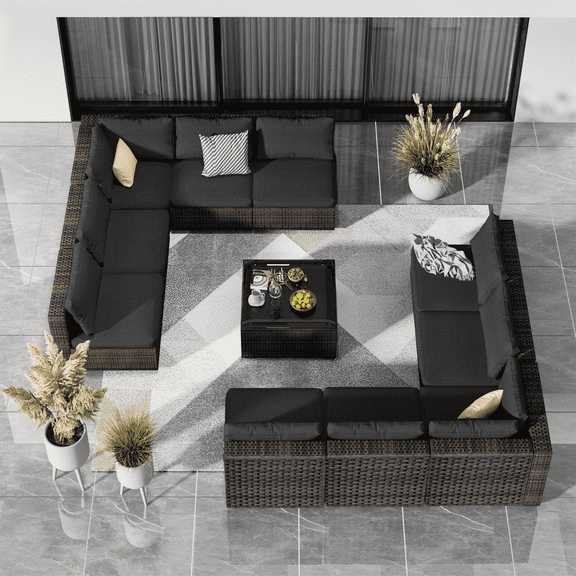 TANGJEAMER 11 Piece Patio Furniture Set, All Weather Outdoor Sectional PE Rattan, Patio Conversation Sets with Cushions and Glass Coffee Table for Garden Lawn Balcony