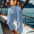 thumbnail image 2 of Feancey Mens Linen Summer Pants Lightweight Casual Beach Capri Pants Loose Fit Drawstring Straight Leg Slacks Solid Color Capris with Pockets Light Blue XXL, 2 of 6