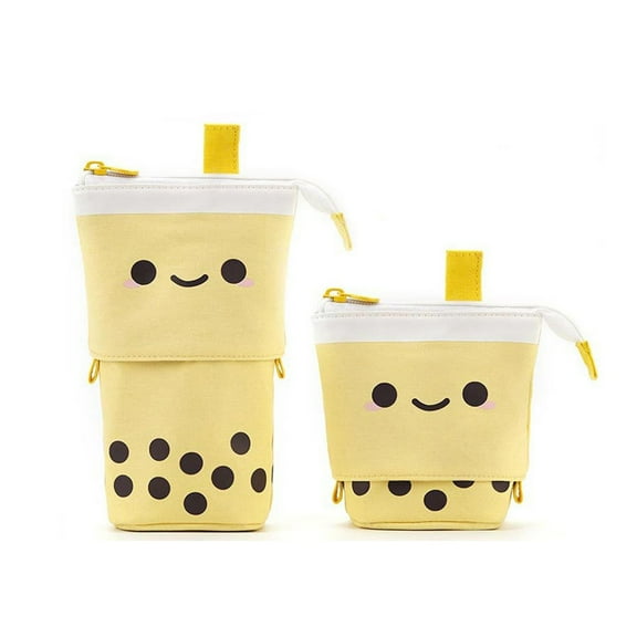 RuiJiao Creative Retractable Pencil Case with Polka Dot Milk Tea Design - Cute and Portable Stationery Storage Bag for Pens and Pencils