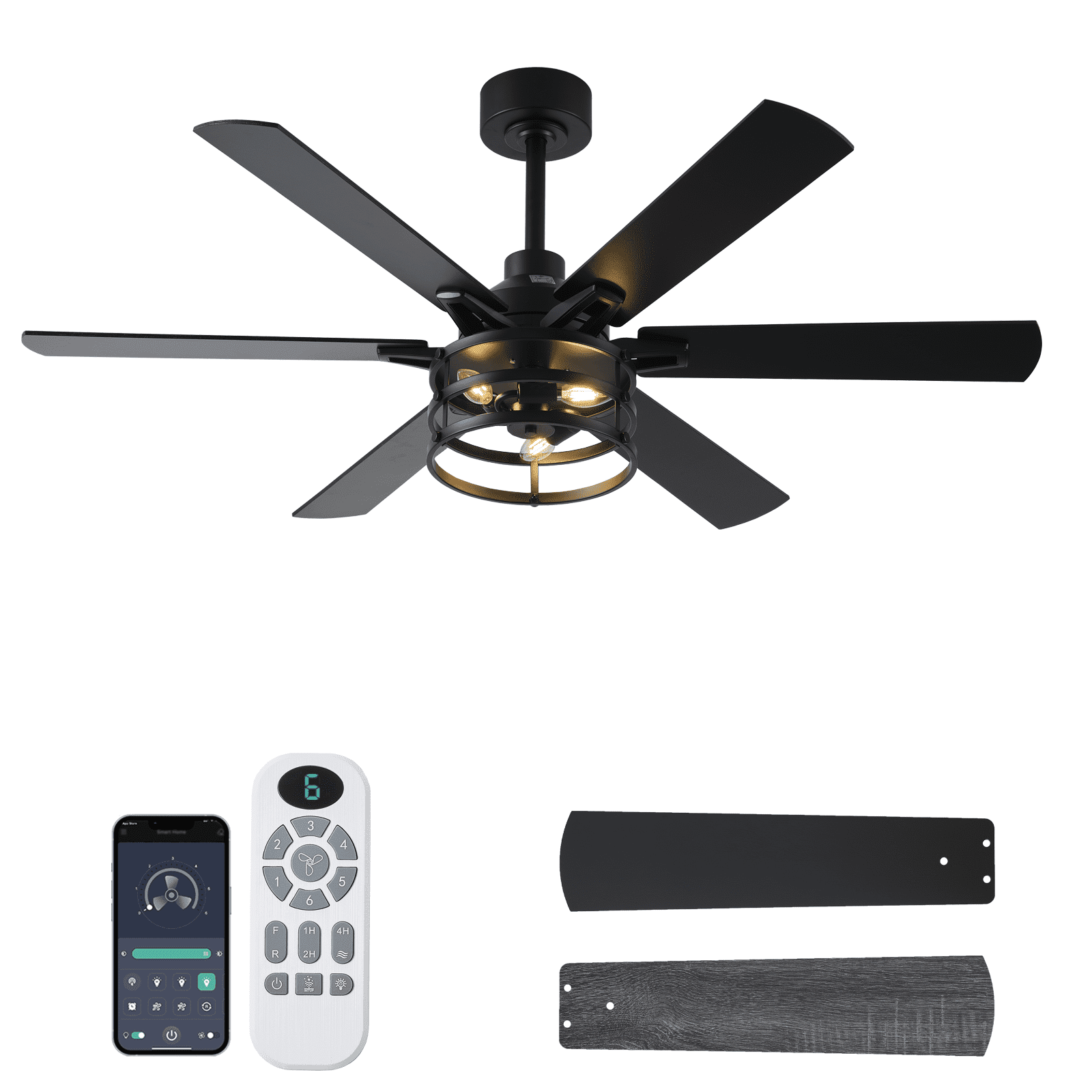 52 Inch Farmhouse Ceiling Fan with Light and Remote, Black Industrial Caged Rustic Ceiling Fan with 6 Speed Reversible Motor and Dual Finish 6 Blades, Rustic Ceiling Fan for Living