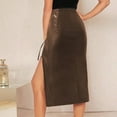 thumbnail image 4 of Maoxin Women Skirt Women's Casual Sexy High Waisted Drawstring Pleated Slit Zippered Leather Skirt Half Skirt ,Coffee,L, 4 of 7