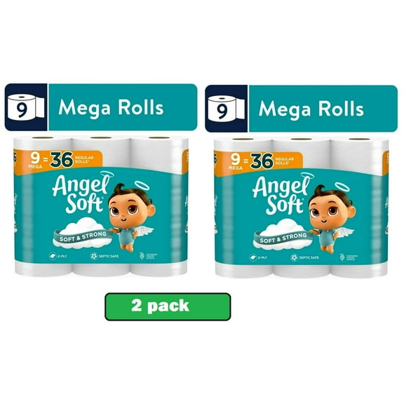 2 pack Angel Soft Household Embossed 2-Ply Pulp Septic Safe Toilet Paper Unscented 9 Count Rolls