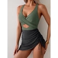 thumbnail image 4 of Women’s One Piece Swimdress Swimsuit Mesh Sarong Wrap Skirt Tummy Control V Neck Cutout Bathing Suit Drawstring Swimwear, 4 of 6