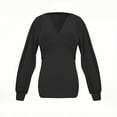 thumbnail image 2 of MORTTIC Women's Elegant Solid Color Deep V-Neck Long Sleeve Top Pleated Design Casual Pullover for Fall Spring Black，S, 2 of 3