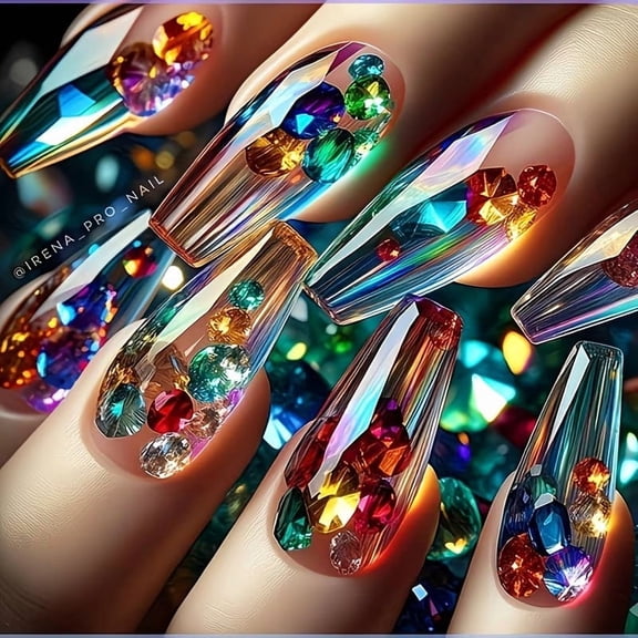 24Pcs Medium Ballet Press on Nails with Colorful Gemstones Reusable Nail Art Set