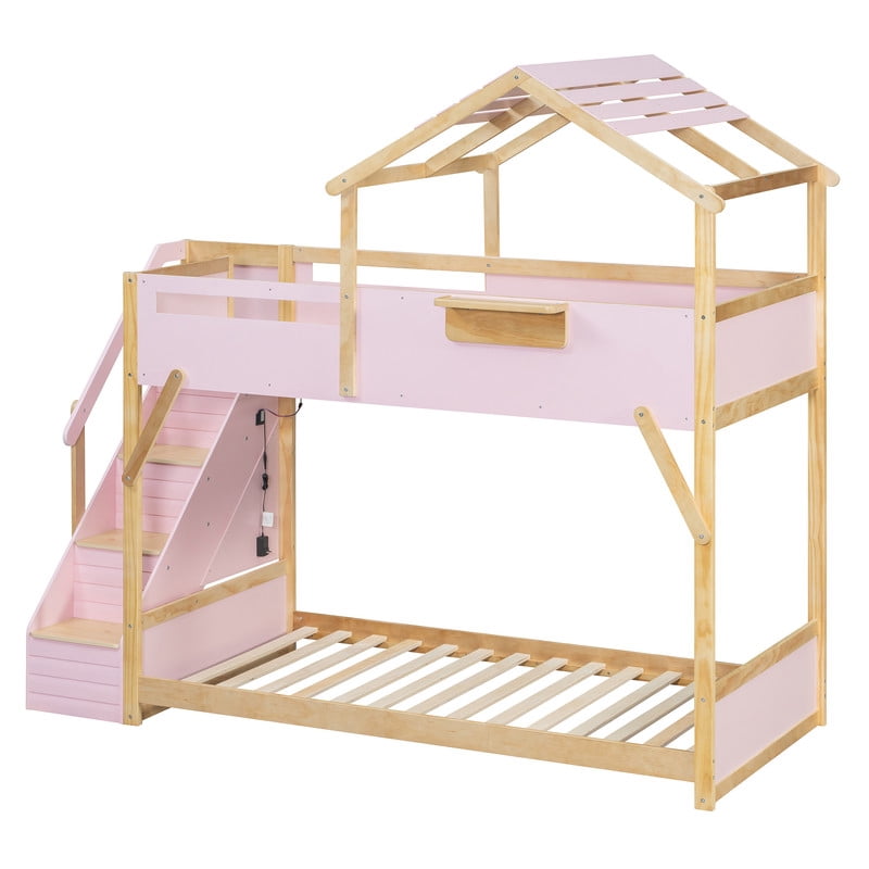 Twin over Twin House-Shaped Bunk Bed with Roof & Stairs, Kids Bed Frame with 3-Color LED Lights & Bedside Storage Shelf