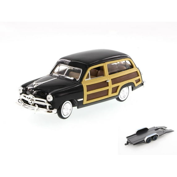 Diecast Car w/Trailer - 1949 Ford Woody Wagon, Black - Motormax 73260 - 1/24 scale Diecast Model Toy Car