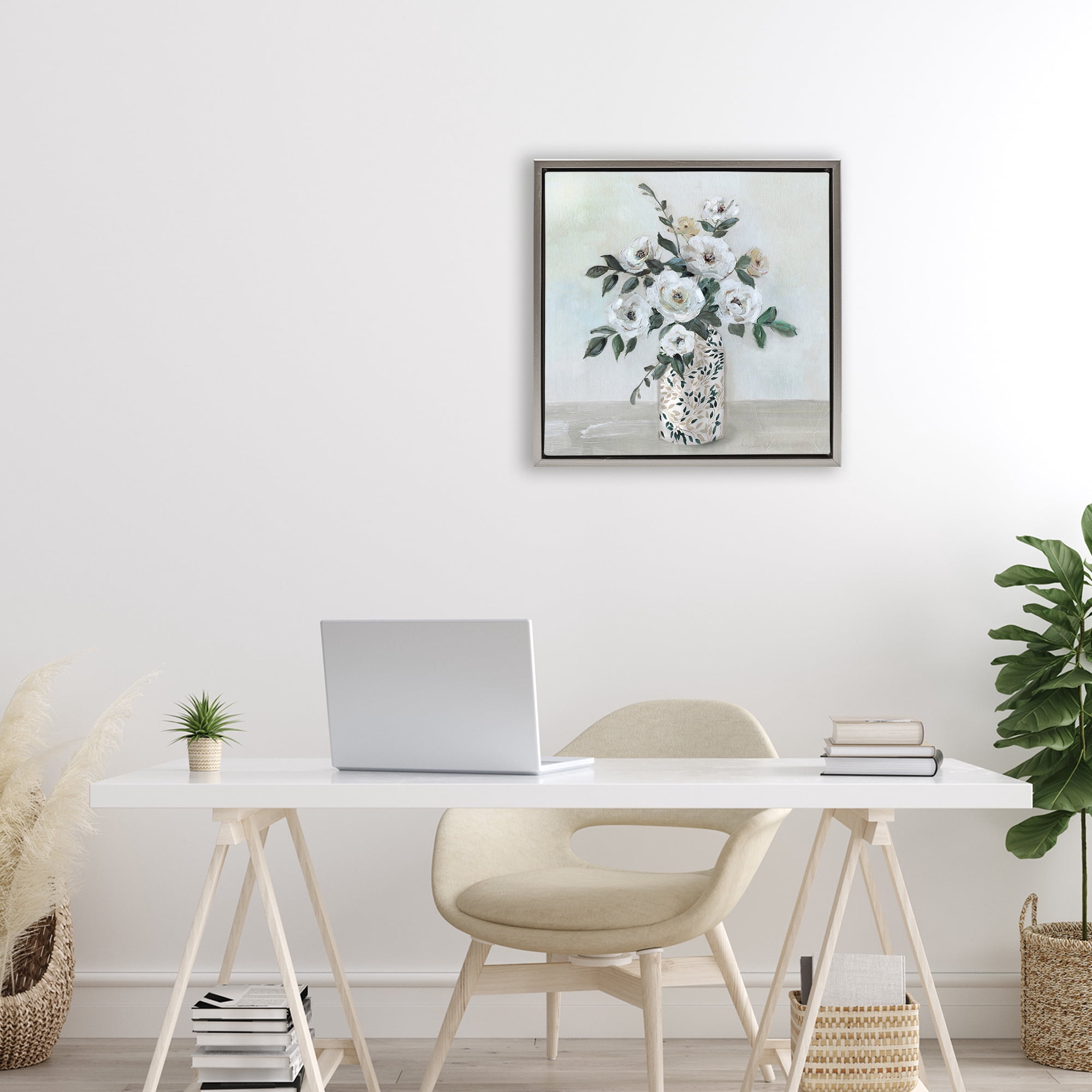 Stupell Industries Leaf Patterned Flower Vase Gray Framed Floater Canvas Wall Art, design by Sally Swatland