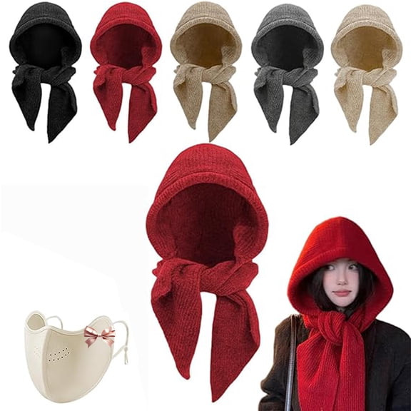 Embellished Knit Bonnet, 2-in-1 Women Winter Knitted Hooded Hat Scarf, Knit Balaclava Women Beanie, Warm Scarf Hat (Red)