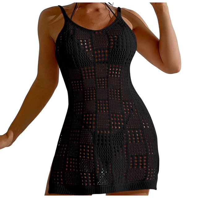 Youmylove Robe de Plage pour Femmes, Courte, à la Mode, Col Rond, Ajourée, Texture Fine, Bretelles Aguichant, Mini Robe de Bain pour Femmes