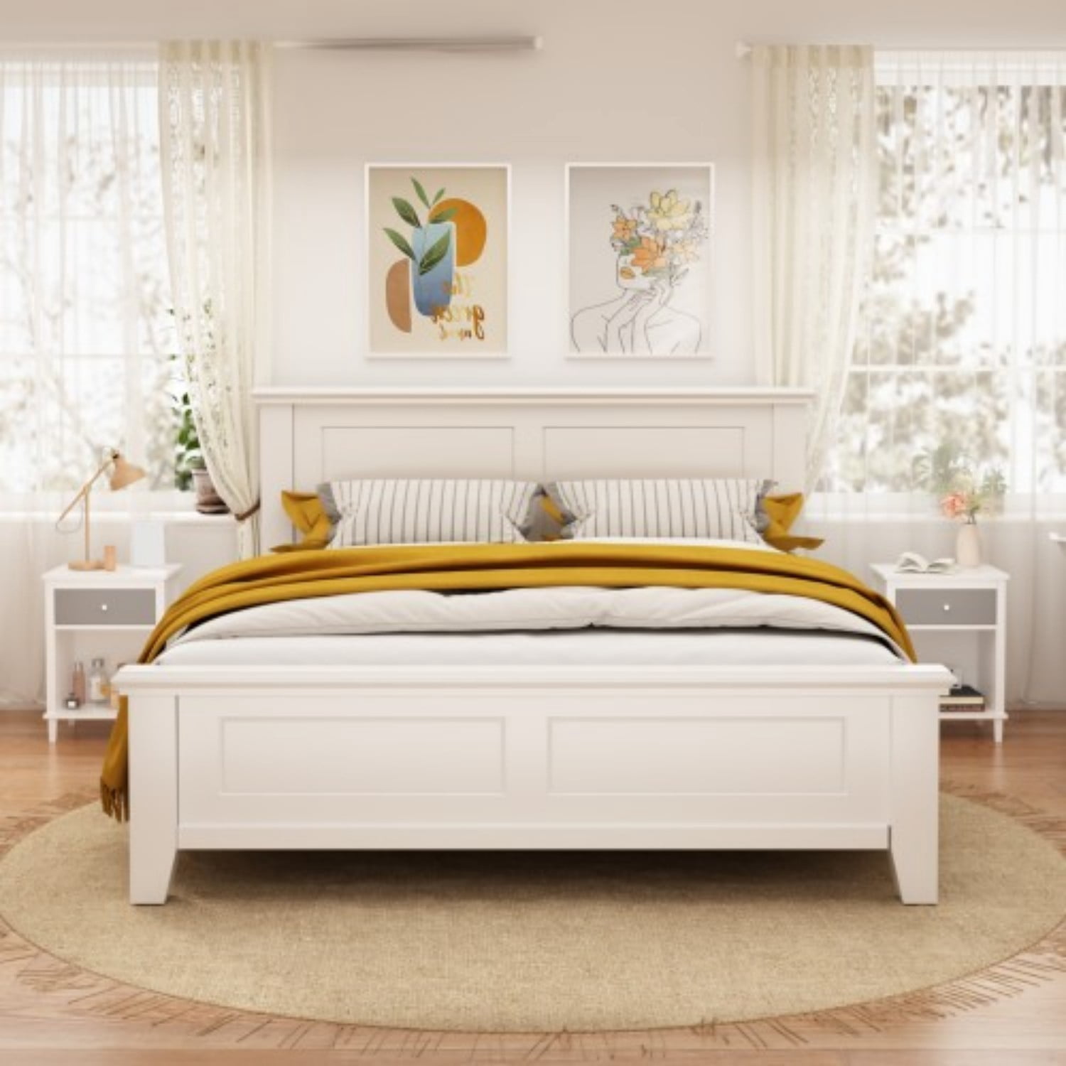 26.77" Wooden Nightstand with Drawer and Open Shelf, Modern Bedside Table for Kids & Adults, MDF End Table with Silver Handle, White & Gray