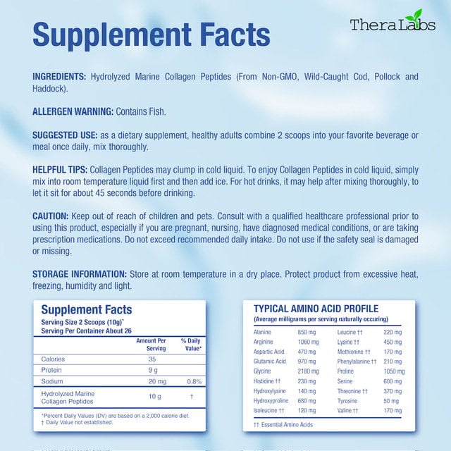 TheraLabs Marine Collagen Peptides 9.3oz (265g) Wild Caught Fish Hydrolyzed Type I & III Collagen - Kosher - Supports Healthy Skin, Nails & Hair - 26 Servings - 4PK