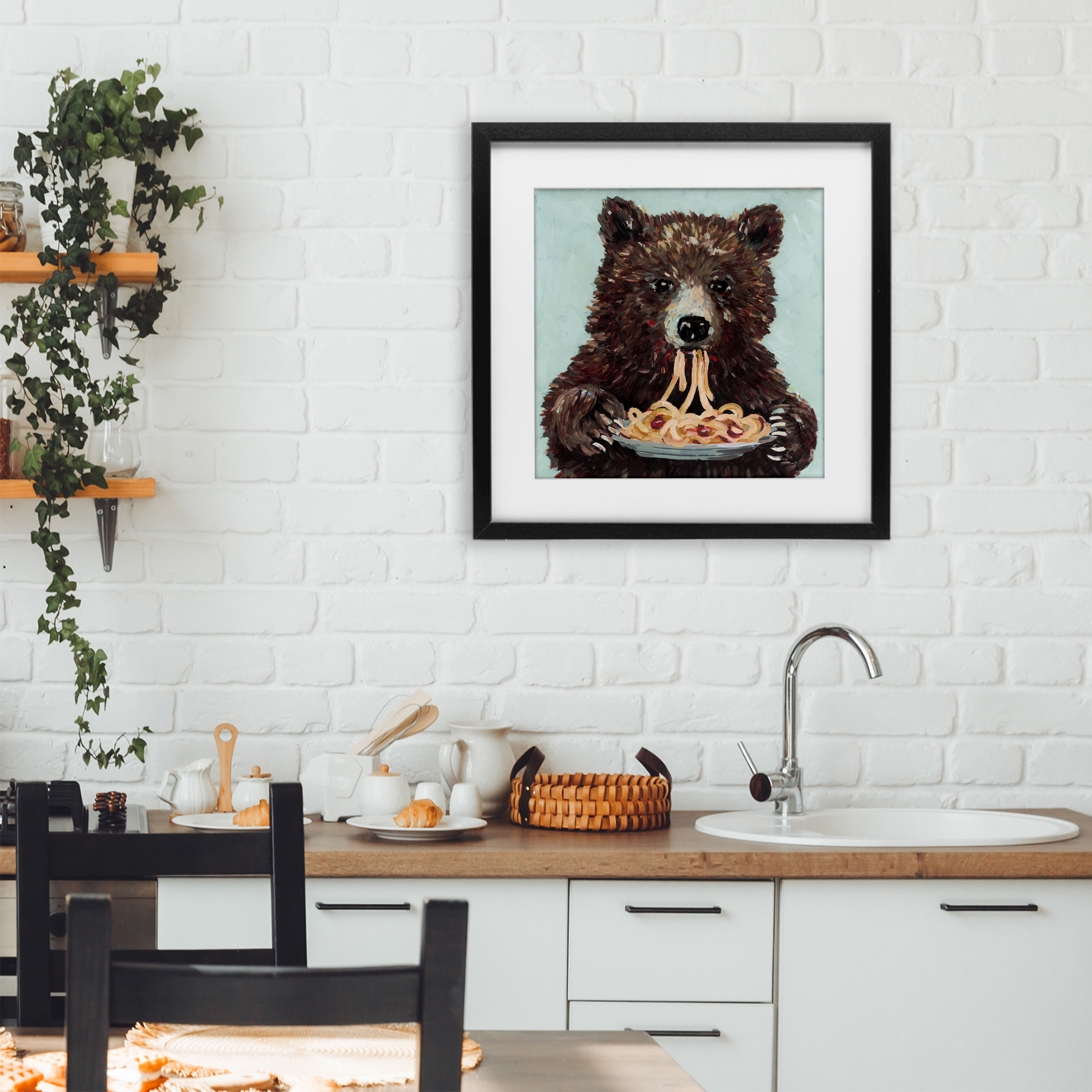 Whimsical Bear & Spaghetti Black Framed Print Under Glass, design by Studio Bautista
