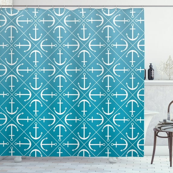 Blue and White Shower Curtain, Anchors Pattern Nautical Marine Navigation Sailing Travel Destination, Fabric Bathroom Set with Hooks, 69W X 75L Inches Long, Pale Blue White, by Ambesonne