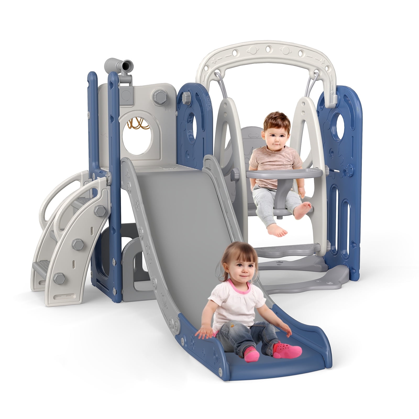 Kinsuite 7-in-1 Toddler Swing & Slide Set - Kids Slide for Toddlers 1-3 with Basketball Hoop, Swing, Ball, Storage Space & Telescope, Indoor & Outdoor Playground Playset (Blue)