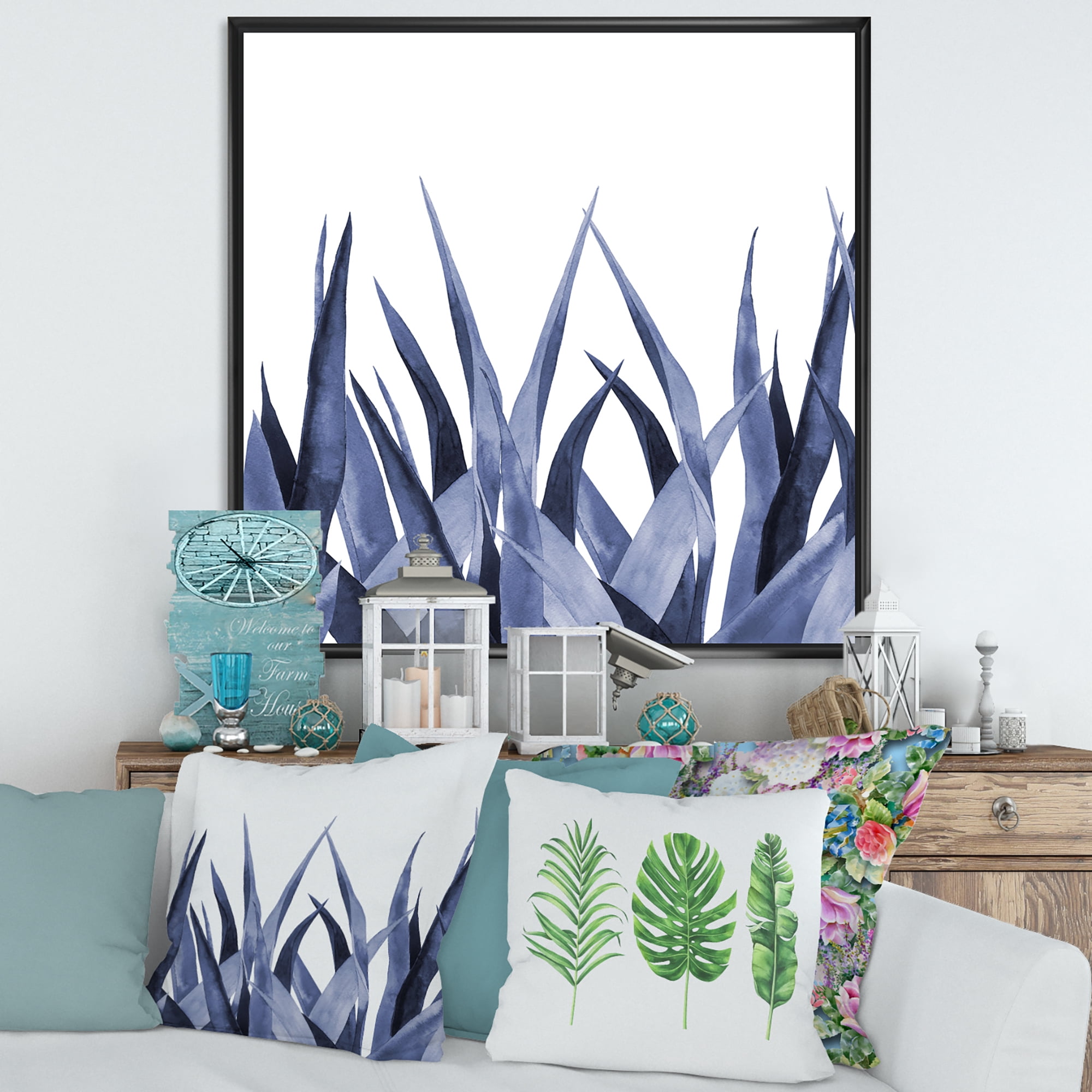 Designart 'Close Up Navy Blue Agave Leaves' Traditional Framed Canvas Wall Art Print