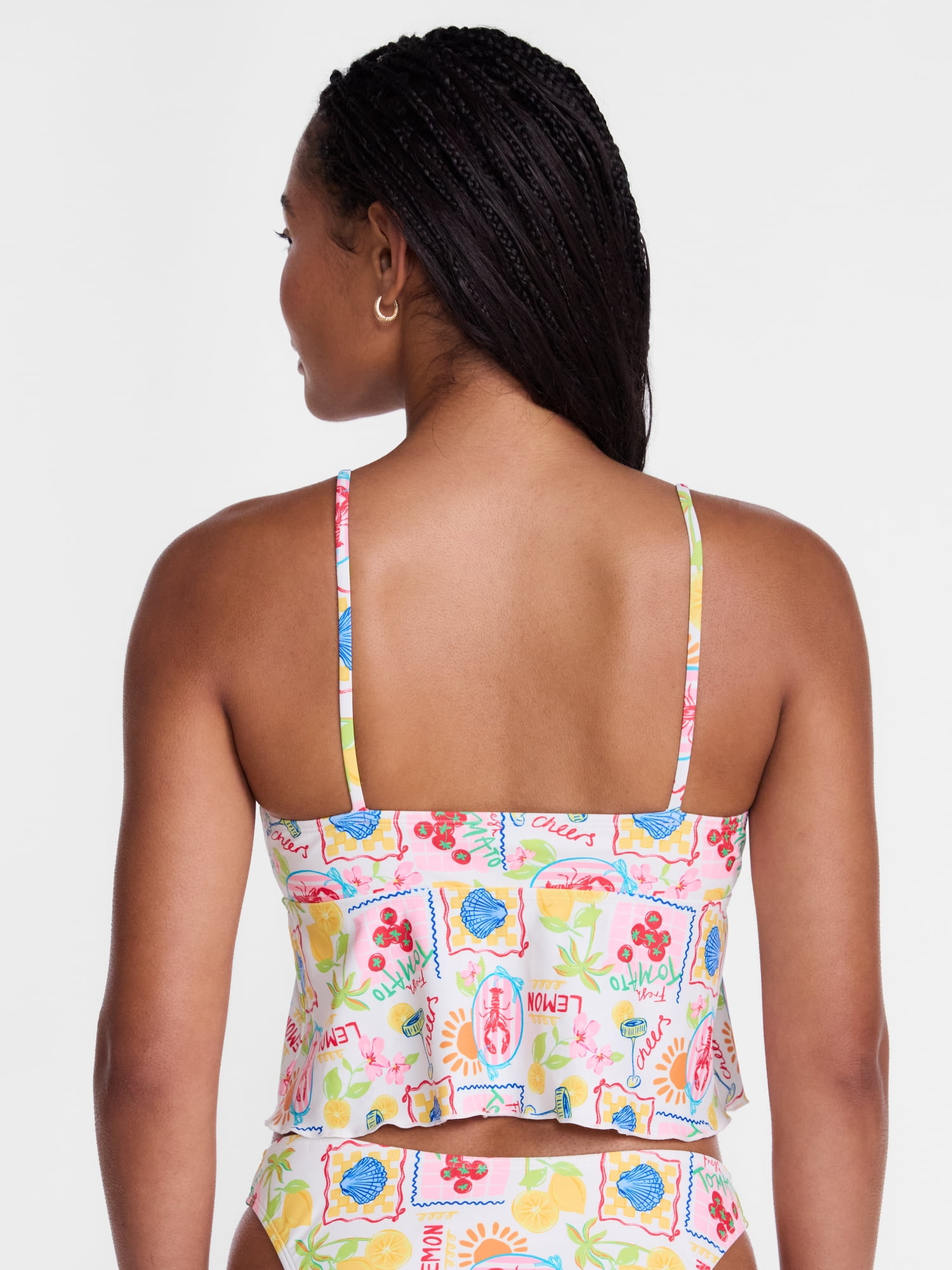 No Boundaries Multi Fruit Print Ruffle Tankini Swim Top, Women's XXS-XXL