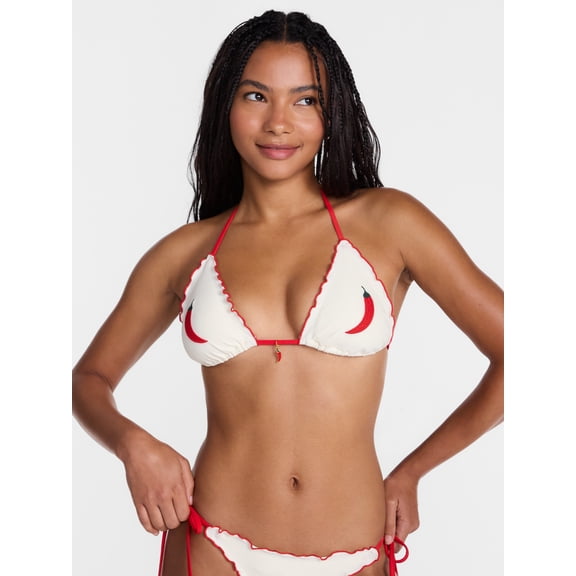 No Boundaries Chili Pepper Print Triangle Bikini Swim Top, Women's XXS-XXL