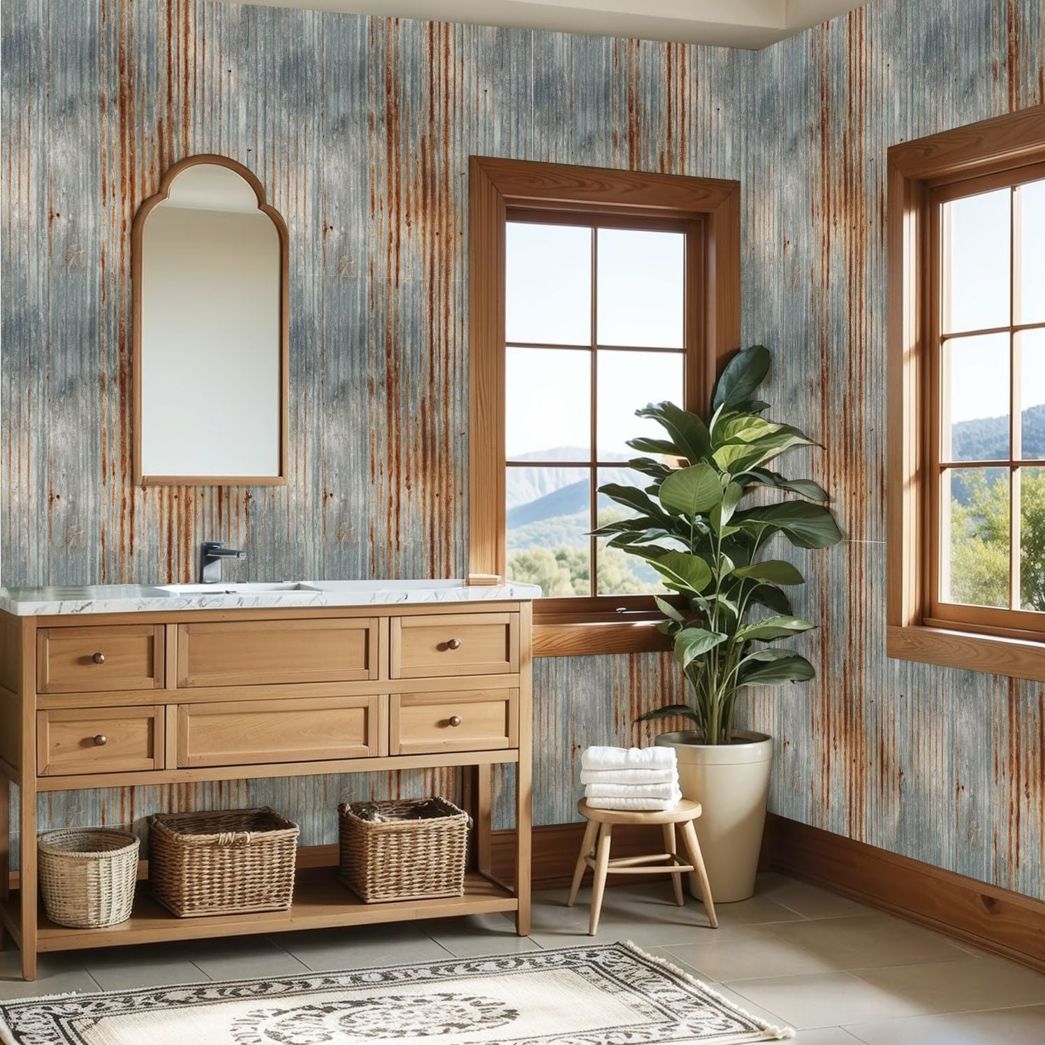 Modern Industrial Rusty Corrugated Metal Texture Vertical Rust Streaks Wall Mural 23.6in x 9.8ft Self Adhesive Removable Wall Paper Renter Friendly Wallpaper for Bedroom Cabinets