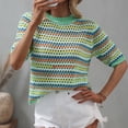 thumbnail image 3 of WEAIXIMIUNG Chemises à Manches Courtes pour Femmes Ensemble Couture Tricot Ajouré Ample Col Rond Rayé, 3 of 8