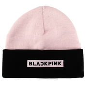 Blackpink Embroidered Logo Pink and Black Cuffed Knitted Beanie hat
