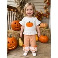 thumbnail image 4 of BemeyourBBs Toddler Baby Girls Halloween Thanksgiving Outfits Infant Baby Girl Summer Fall Clothes Cute Pumpkin Embroidery Bell Short Sleeve T Shirt Tops and Flared Pants Set, 4 of 9