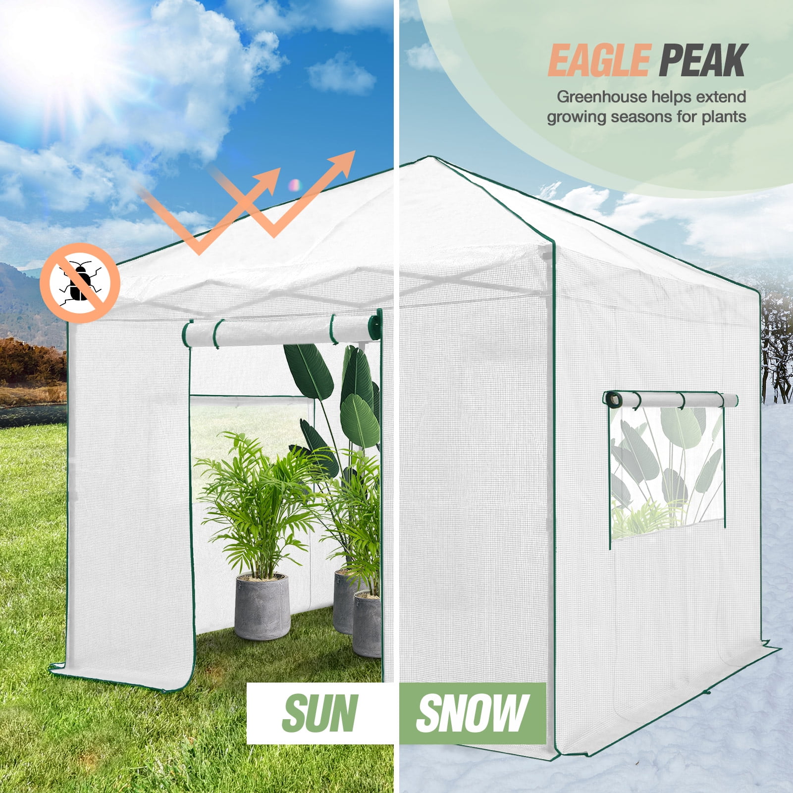 EAGLE PEAK 10'x 10' Portable Walk-in Greenhouse Instant Pop-up Easy Setup Indoor Outdoor Plant Gardening Green House Canopy, Front and Rear Roll-Up Zipper Entry Doors and 2 Large Roll-Up Side Windows