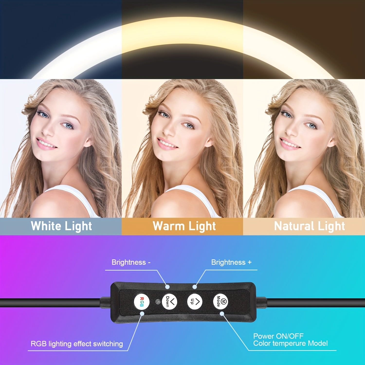 12" Adjustable Ring Light with 63" Tripod, Dimmable RGB LED, USB Powered, Phone Stand & Gimbal Clamp for Live Streaming, Makeup, Selfie