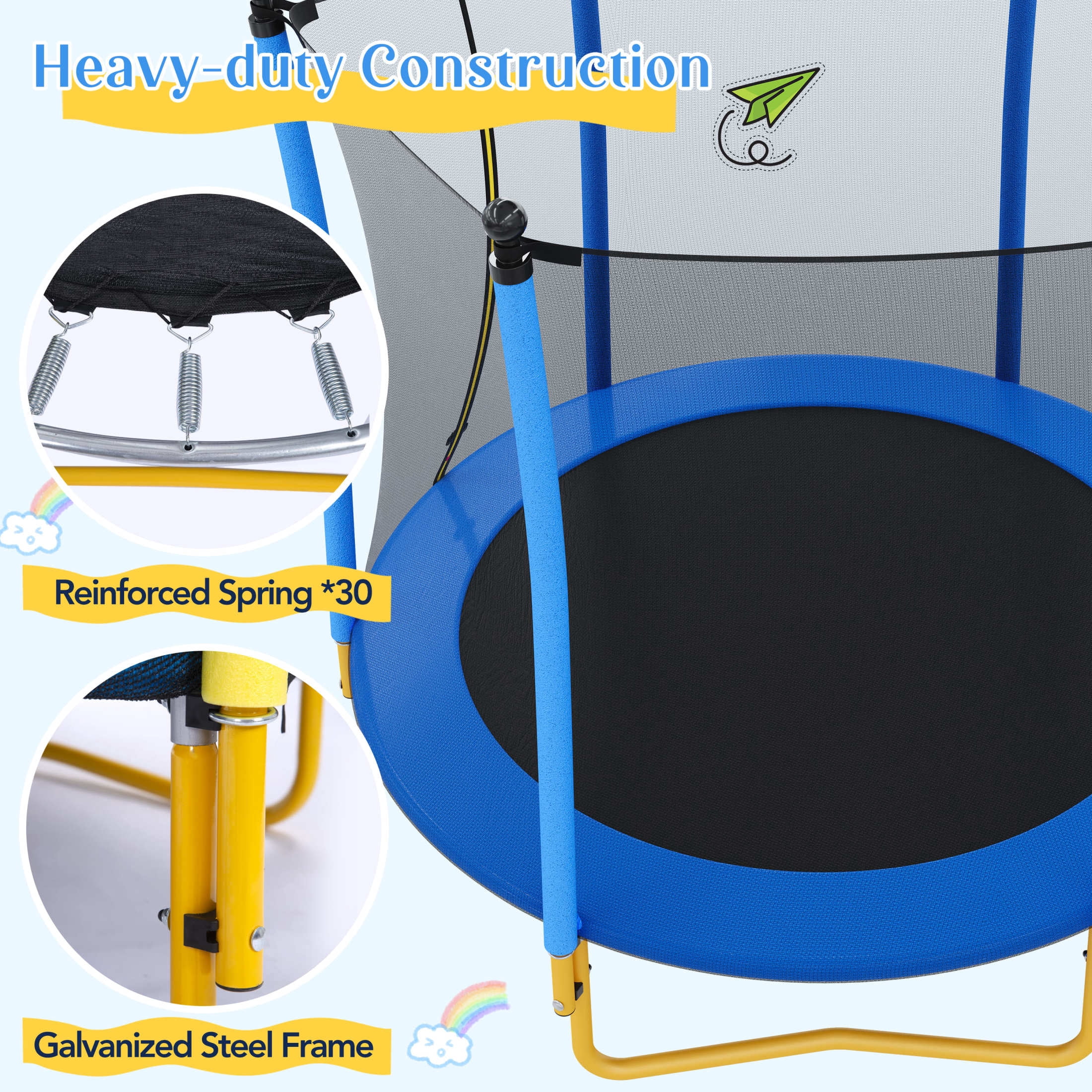 Noble House 5.5 FT Kids Trampoline with Safety Enclosure Net, Indoor Outdoor Trampoline, U-Shape Stable Legs, Blue